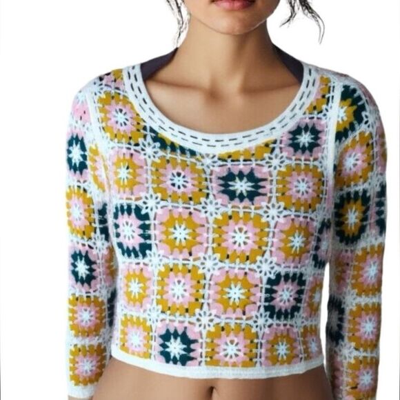 Rebellion Again Granny Square Crochet Crew Neck Sweater Coachella Stagecoach - Picture 2 of 14